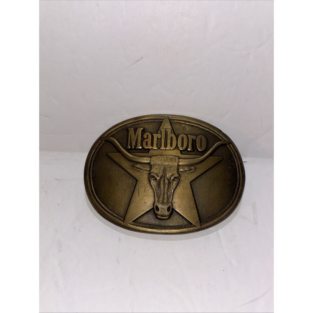 Vintage 1987 Marlboro Solid Brass Longhorn Star Belt Buckle Philip Morris